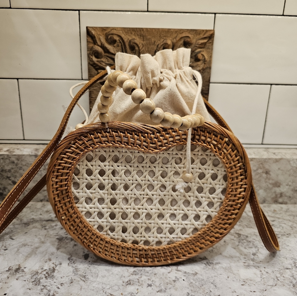 Heart-Shaped Beige and Brown Woven Rattan Crossbody Bag With Drawstring Lining